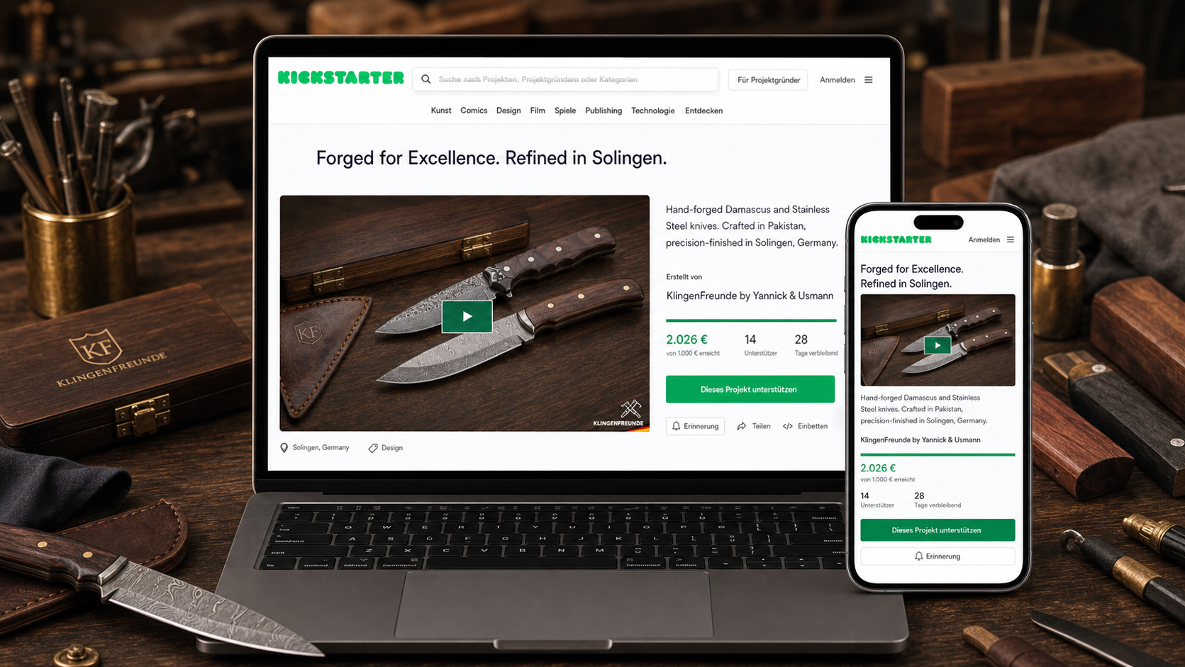 KlingenFreunde Kickstarter-Kampagne als Laptop- und Smartphone-Szene